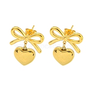 Bowknot Ion Plating(IP) 304 Stainless Steel Stud Earrings, Heart Dangle Earrings for Women, Real 18K Gold Plated, 23x19mm(EJEW-R164-01G)