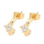 Brass Micro Pave Clear Cubic Zirconia Stud Earrings, Half Round, Golden, 11x5.5mm(EJEW-U009-02G)