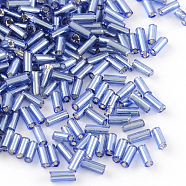 Tube Glass Bugle Beads, Silver Lined, Royal Blue, 4~4.5x2mm, Hole: 1mm, about 450g/bag, 14000pcs/bag(SEED-R011-26)