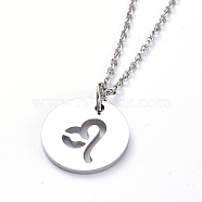 304 Stainless Steel Pendant Necklaces, with Cable Chains and Lobster Claw Clasps, Flat Round with Twelve Constellations, Stainless Steel Color, Leo, 17.7 inch(45cm), 2mm(NJEW-E147-04P)
