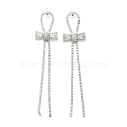 Crystal Rhinestone & Clear Cubic Zirconia Stud Earrings, Brass Long Tassel Drop Earrings with 925 Sterling Silver Pin for Women, Platinum, Bowknot Pattern, 114mm, Pin: 0.8mm(EJEW-C037-01A-P)