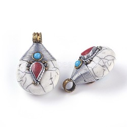 Tibetan Style Pendants, with Synthetic Turquoise, Brass Findings, teardrop, White, 26.5x38.5x21.5mm, Hole: 5.5mm(X-TIBEB-E079-14A)
