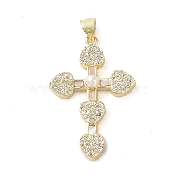 Brass Micro Pave Clear Cubic Zirconia Pendants, with ABS Imitation Pearl, Real 18K Gold Plated, Cross, 34.5x22.5x5mm, Hole: 3.5x4mm(KK-Q813-16I-G)