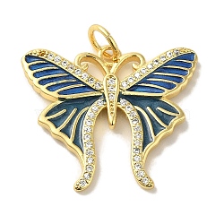 Brass Enamel Micro Pave Cubic Zirconia Pendants, Real 18K Gold Plated Butterfly Charms, with Jump Ring, Marine Blue, 22x25x2.5mm, Hole: 4.2mm(KK-Z042-09G-03)