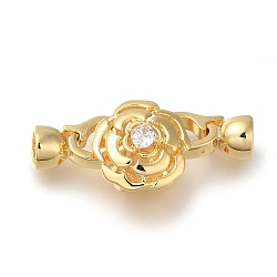 Brass Micro Pave Clear Cubic Zirconia Fold Over Clasps, Flower, Real 18K Gold Plated, 30mm(KK-H480-32G)