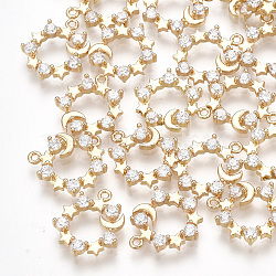 Brass Cubic Zirconia Charms, Star and Moon, Clear, Real 18K Gold Plated, 12.5x10.5x2.5mm, Hole: 0.8mm(KK-S348-310)