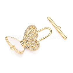 Brass Micro Pave Clear Cubic Zirconia Toggle Clasps, with Shell, Butterfly, Real 18K Gold Plated, 28.5x18x3.5mm, Hole: 1.2mm, Bar: 3.5x20x2mm, Hole: 1mm(KK-N254-149G)