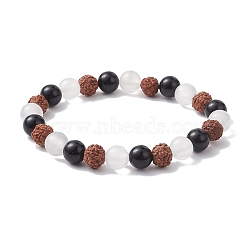 Natural Rudraksha & Selenite & Eyeless Obsidian Beaded Stretch Bracelets, Saddle Brown, Inner Diameter: 2-3/8 inch(6cm)(BJEW-JB10115-01)