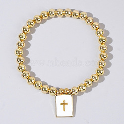 Personality Brass Round Bead Beaded Stretch Bracelets, with Rectangle Brass Enamel Charms for Women, Cross, 6-7/8 inch(17.5cm)(ST0339-7)