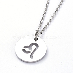 304 Stainless Steel Pendant Necklaces, with Cable Chains and Lobster Claw Clasps, Flat Round with Twelve Constellations, Stainless Steel Color, Leo, 17.7 inch(45cm), 2mm(NJEW-E147-04P)