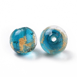 Handmade Gold Foil Glass Beads, Round, Medium Turquoise, 10x9~10mm, Hole: 1.6~2mm(X-LAMP-C004-03C)