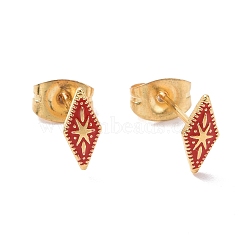 Enamel Rhombus with Star Stud Earrings with 316L Surgical Stainless Steel Pins, Gold Plated 304 Stainless Steel Jewelry for Women, Red, 8.5x4mm, Pin: 0.7mm(EJEW-P204-02G-05)