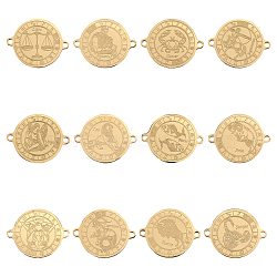 12Pcs 12 Styles Ion Plating(IP) 304 Stainless Steel Connector Charms, Flat Round with 12 Constellations, Real 18K Gold Plated, 20x16x1mm, Hole: 1.4mm, 1pc/style(STAS-CA0002-14)