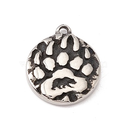 304 Stainless Steel Pendant, Flat Round with Bear Paw Print, Antique Silver, 24x21x3mm, Hole: 2mm(STAS-E053-37AS)