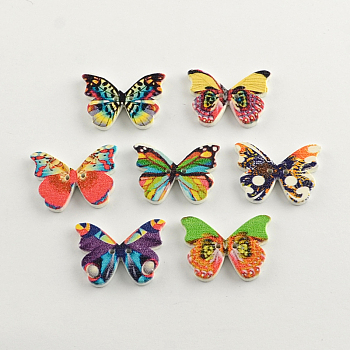 2-Hole Printed Wooden Buttons, Butterfly, Mixed Color, 21x28x3mm, Hole: 1.5mm
