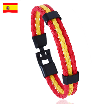 Flag Color Imitation Leather Triple Line Cord Bracelet with Alloy Clasp, Spain Theme Jewelry for Men Women, Red, 8-1/4 inch(21cm)