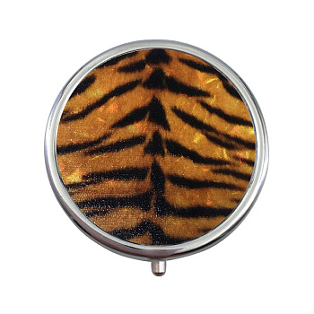 Portable Stainless Steel Pill Box, with Shell and Mirror, 3 Grids Multi-use Travel Storage Boxes, Flat Round, Tiger Stripe, 5x1.4cm