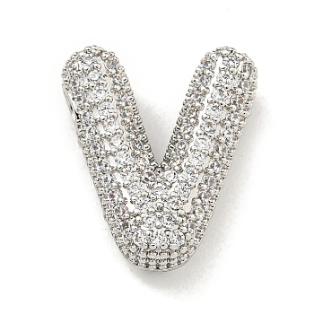 Platinum Plated Brass Micro Pave Cubic Zirconia Pendants, Letter Charms, Letter V, 19.5x20.8x6mm, Hole: 3x2.5mm