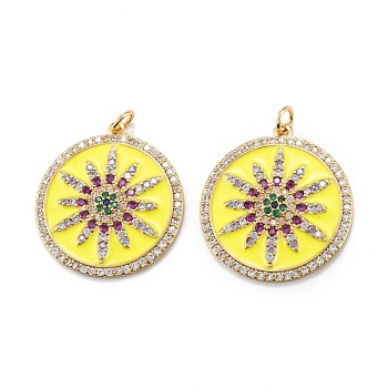 Brass Micro Pave Colorful Cubic Zirconia Pendants, with Enamel and Jump Rings, Flat Round with Flower, Real 18K Gold Plated, 27x25x3mm, Hole: 3.5mm