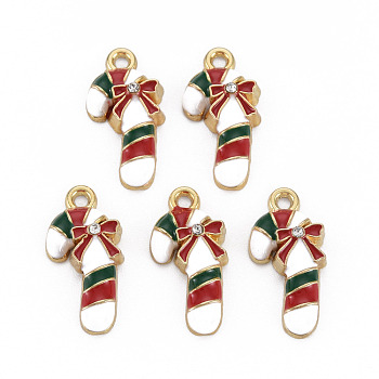 Alloy Enamel Pendants, with Crystal Rhinestone, Cadmium Free & Nickel Free & Lead Free, Walking Stick, for Christmas, Light Gold, Colorful, 22x11x4mm, Hole: 1.8mm