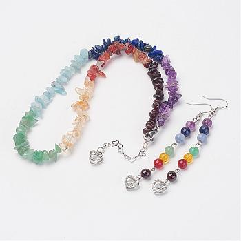 Mixed Gemstone Jewelry Sets, Beaded Necklaces & Dangle Earrings, with Brass Earring Hooks, Platinum, 17.1 inch(43.5cm), 88mm, Pin: 0.6mm