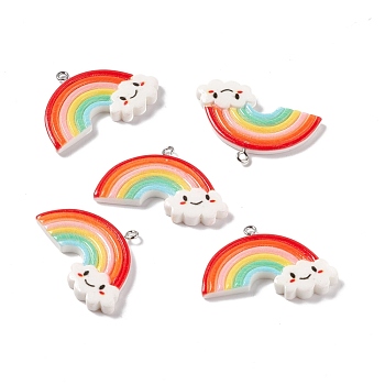 Opaque Resin Pendants, with Platinum Tone Iron Loops, Rainbow with Cloud, Colorful, 27x39x5mm, Hole: 2mm