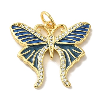 Brass Enamel Micro Pave Cubic Zirconia Pendants, Real 18K Gold Plated Butterfly Charms, with Jump Ring, Marine Blue, 22x25x2.5mm, Hole: 4.2mm