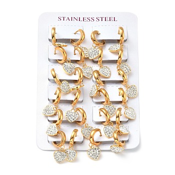 Crystal Rhinestone Heart Dangle Hoop Earrings, 304 Stainless Steel Jewelry for Women, Golden, 11.5x10x2.5mm, Pin: 1mm
