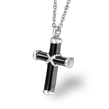 Stainless Steel Religion Cross Pendant Necklace, Keepsake Memorial Ash Urn Necklace, Cable Chain Necklace, Black