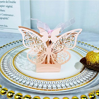 European Style Hollow Butterfly Wedding Dress Paper Candy Gift Packaging Boxes, Foldable Storage Boxes for Wedding, PeachPuff, 4.4x11x8.3cm