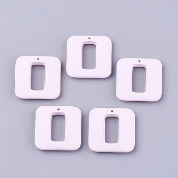 Spray Painted Acrylic Pendants, Rubberized Style, Square, Pink, 32x32x7.5mm, Hole: 1.5mm