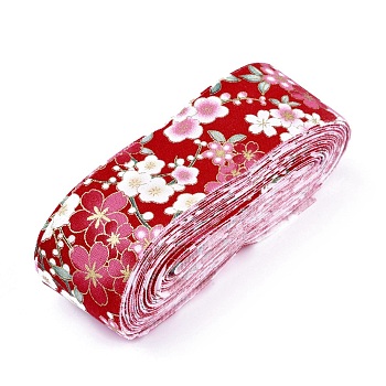 Japanese Kimono Style Floral Cotton Ribbon, Single Printed, for DIY Hair Bow, Headwear, Handmade Trim, Red, 1-1/2 inch(40mm), about 10yards/roll(9.14m/roll)