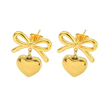 Bowknot Ion Plating(IP) 304 Stainless Steel Stud Earrings, Heart Dangle Earrings for Women, Real 18K Gold Plated, 23x19mm