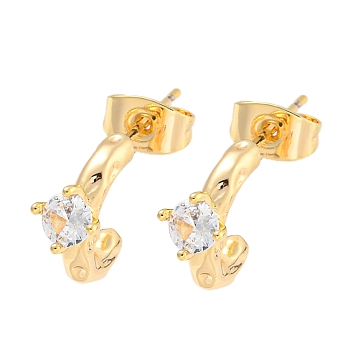 Brass Micro Pave Clear Cubic Zirconia Stud Earrings, Half Round, Golden, 11x5.5mm