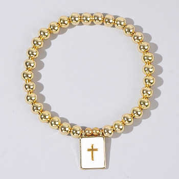 Personality Brass Round Bead Beaded Stretch Bracelets, with Rectangle Brass Enamel Charms for Women, Cross, 6-7/8 inch(17.5cm)