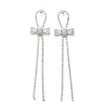 Crystal Rhinestone & Clear Cubic Zirconia Stud Earrings, Brass Long Tassel Drop Earrings with 925 Sterling Silver Pin for Women, Platinum, Bowknot Pattern, 114mm, Pin: 0.8mm