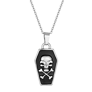 Halloween Theme 304 Stainless Steel Black Enamel Coffin with Skull Pendant Necklaces for Men, Stainless Steel Color, 17.72 inch(45cm)