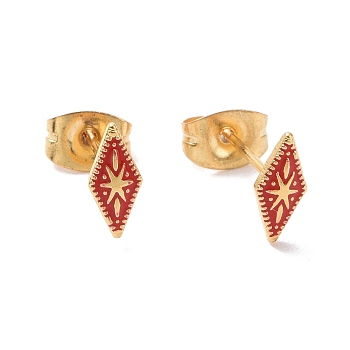 Enamel Rhombus with Star Stud Earrings with 316L Surgical Stainless Steel Pins, Gold Plated 304 Stainless Steel Jewelry for Women, Red, 8.5x4mm, Pin: 0.7mm