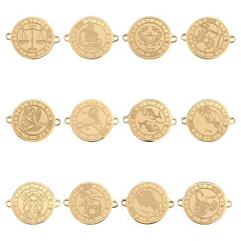 12Pcs 12 Styles Ion Plating(IP) 304 Stainless Steel Connector Charms, Flat Round with 12 Constellations, Real 18K Gold Plated, 20x16x1mm, Hole: 1.4mm, 1pc/style