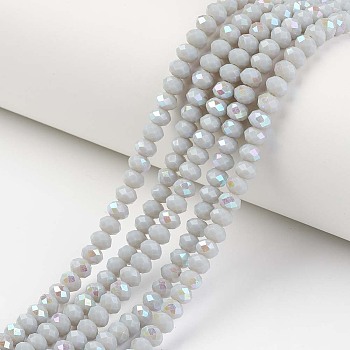 Electroplate Opaque Solid Color Glass Beads Strands, Half Rainbow Plated, Faceted, Rondelle, Light Grey, 2.5x1.5mm, Hole: 0.4mm, about 150~155pcs/strand, 32~33cm