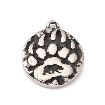 304 Stainless Steel Pendant, Flat Round with Bear Paw Print, Antique Silver, 24x21x3mm, Hole: 2mm
