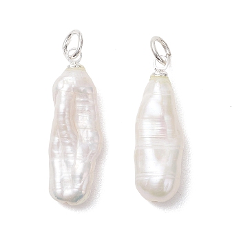 Natural Baroque Keshi Pearl Pendants, Nucleated Pearl Stick Charms with Brass and 304 Stainless Steel Findings, Creamy White, Silver, 23~25x8~8.5x4.5~6mm, Jump Ring: 5x0.8mm, Inner Diameter: 3.5mm
