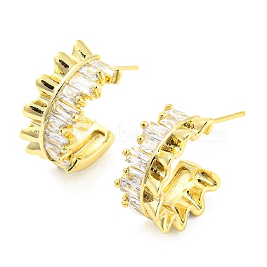 Clear Half Round Brass+Cubic Zirconia Stud Earrings