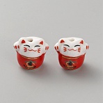 Handmade Printed Porcelain Beads, Lucky Cat, Dark Red, 15x16.5x13.5mm, Hole: 2mm(PORC-WH0018-03A)