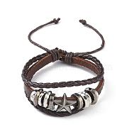 PU Leather & Waxed Cords Triple Layer Multi-strand Bracelets, Braided Adjustable Bracelet Alloy Star, Coconut Brown, Inner Diameter: 2-3/8~3-1/8 inch(5.9~8cm)(BJEW-G709-01A)