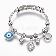 Adjustable 304 Stainless Steel Charm Bangles, with Enamel, Glass and Rhinestone, Eye, Hamsa Hand and Flat Round, Stainless Steel Color, 2-1/4 inch(5.6cm), 4~12mm(BJEW-F326-03P)