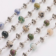 Natural Gemstone Beads Handmade Chains, Unwelded, with Iron Spacer Bead, Tibetan Style Bead, Iron Eye Pin, Faceted, 17x7.5mm, 39.37 inch(1m)/strand(AJEW-JB00405)