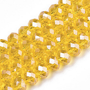 Electroplate Glass Beads Strands, Pearl Luster Plated, Faceted, Rondelle, Yellow, 4x3mm, Hole: 0.4mm, about 113~115pcs/strand, 41~42cm(EGLA-A034-T4mm-A04)