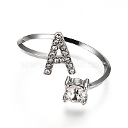 Alloy Cuff Rings, Open Rings, with Crystal Rhinestone, Platinum, Letter.A, US Size 7 1/4(17.5mm)(RJEW-I075-01P-A)