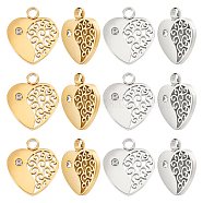 12Pcs 2 Colors 304 Stainless Steel Charms, Manual Polishing, with Crystal Rhinestone, Heart, Golden & Stainless Steel Color, 12.5x11x1.5mm, Hole: 1.8mm, 6pcs/color(STAS-DC0008-54)